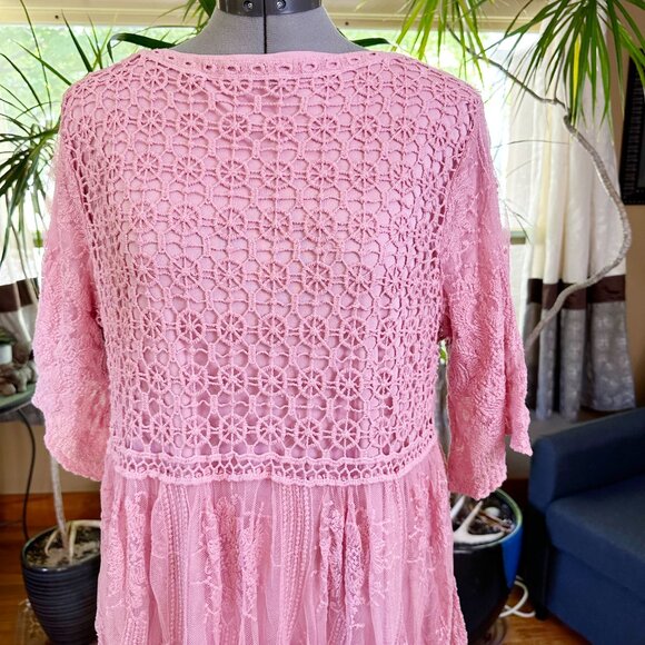 Tea n Rose‎ Crochet Lace Overlay Pink Maxi Dress L Butterfly Sleeves - Picture 2 of 11